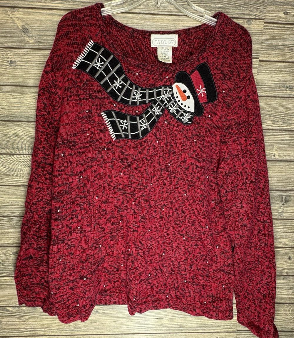 Vtg Mandal Bay Womens Sweater XXLarge Red Novelty Snowmen Holiday Winter Pearls